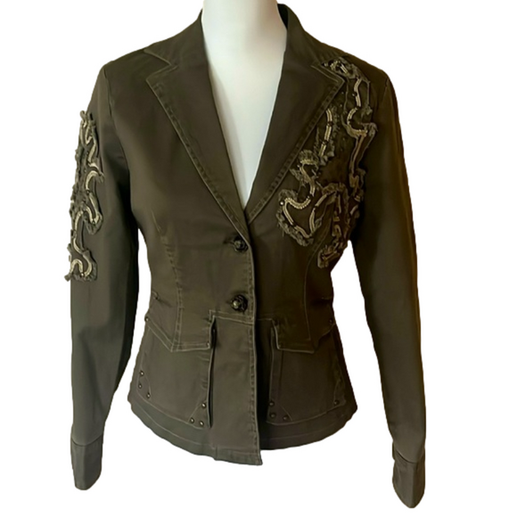 AZIZ Jackets & Blazers - Aziz Anthropology Boho Olive Embellished Blazer Jacket Women's Medium